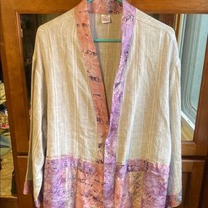 Elegant Linen Cream and Pastel Cardigan with Purple Trim Spring Feminine